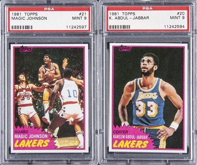 1981-82 Topps  #20 & #21 Kareem Abdul-Jabbar & Magic Johnson Pair (2) - PSA MINT 9